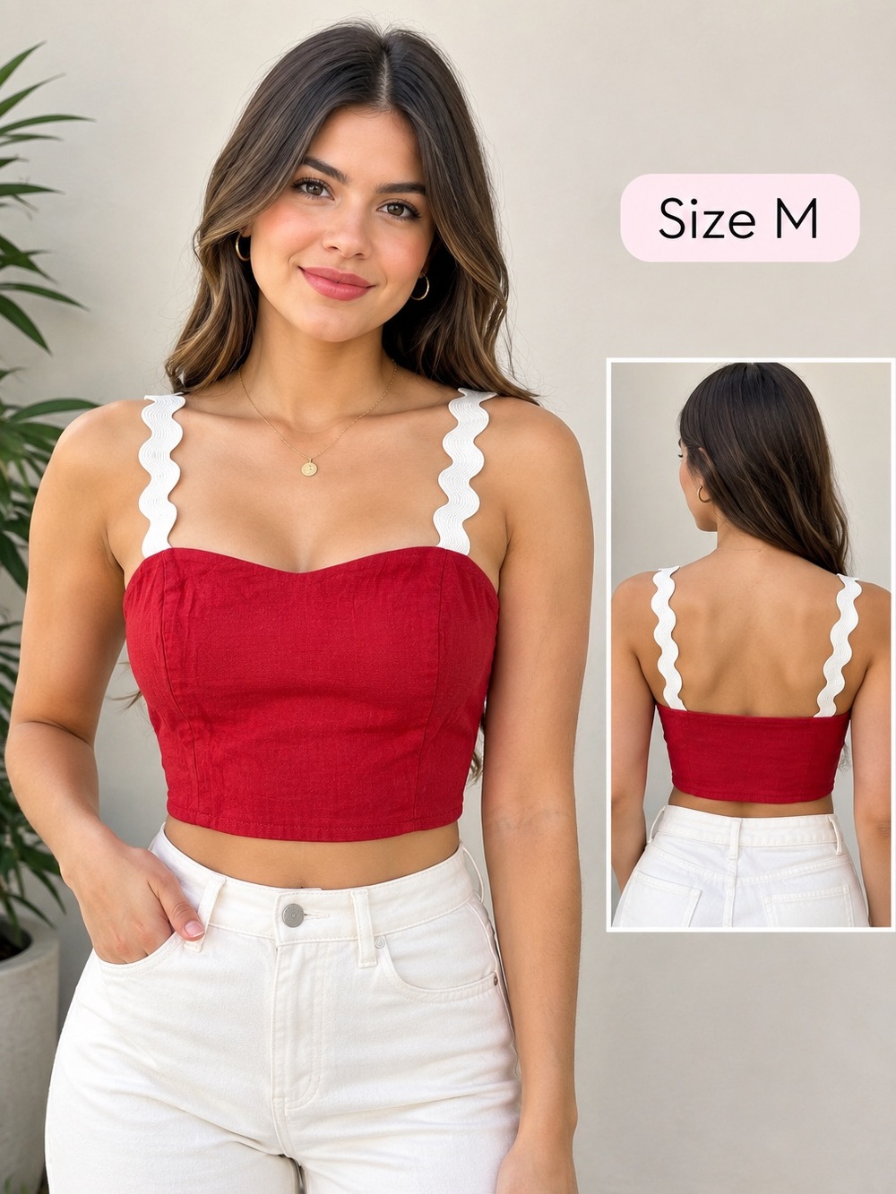 Red Cropped Bustier Top with White Scallop Straps